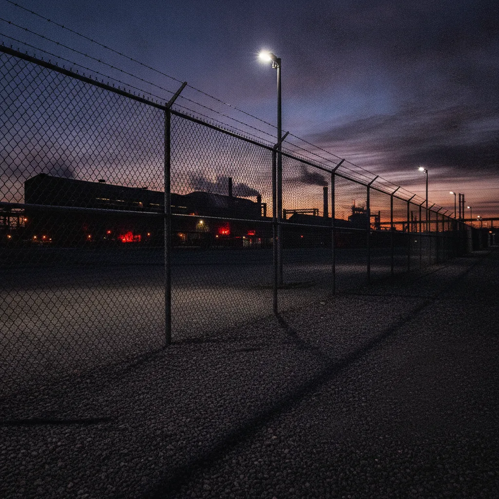 Photorealistic, cinematic image of a chain link perimeter fence around an industrial property at dusk.