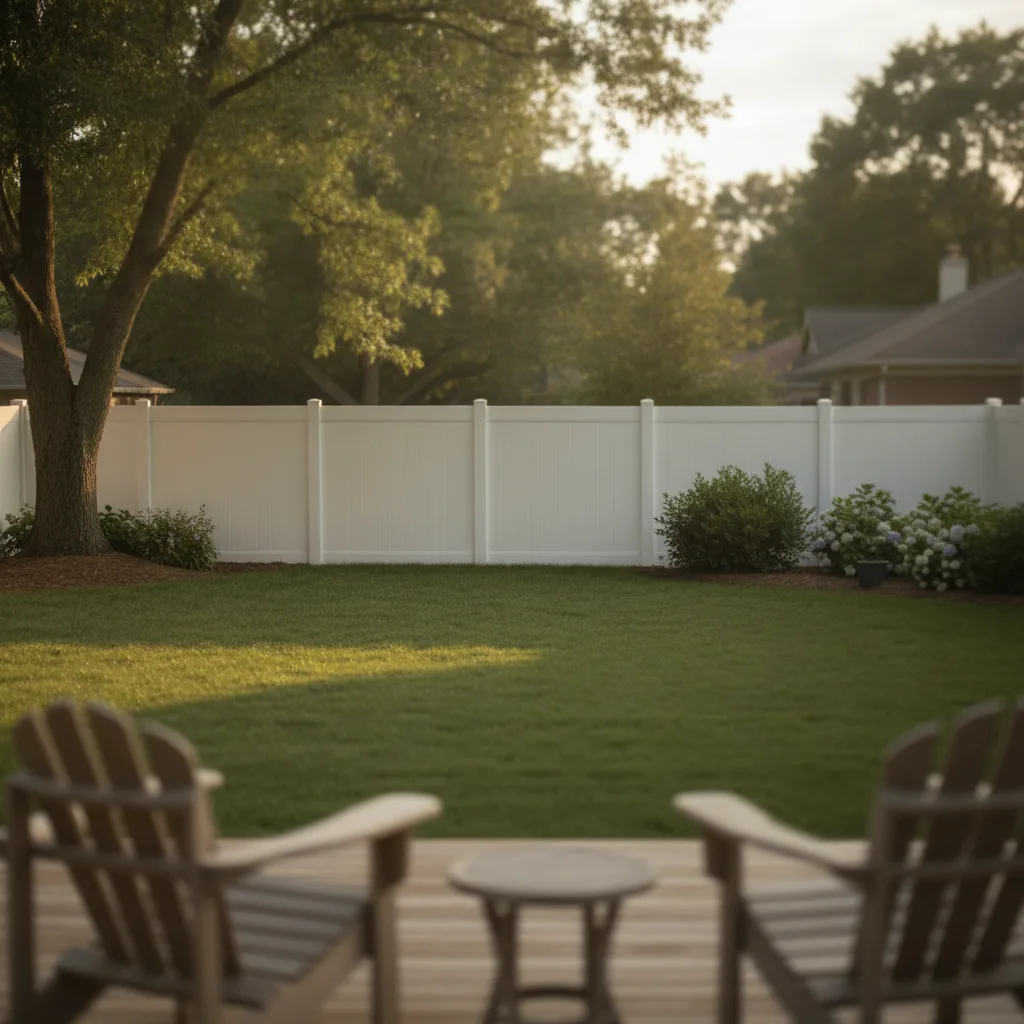 A residential backyard with a new white vinyl privacy fence, green lawn, and sunlit suburban trees.