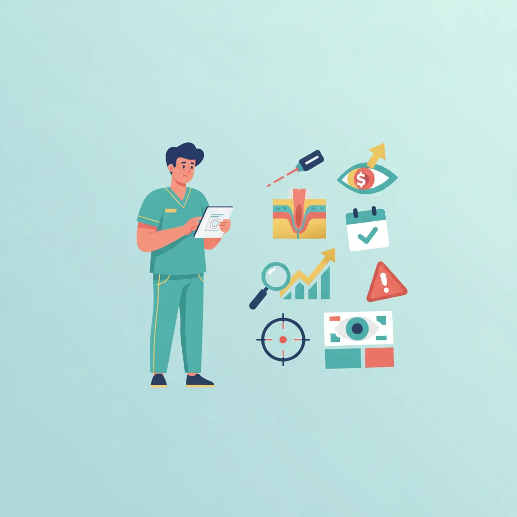 Flat vector illustration of an ophthalmologist in teal scrubs reviewing an eye diagram on a tablet, surrounded by floating icons.