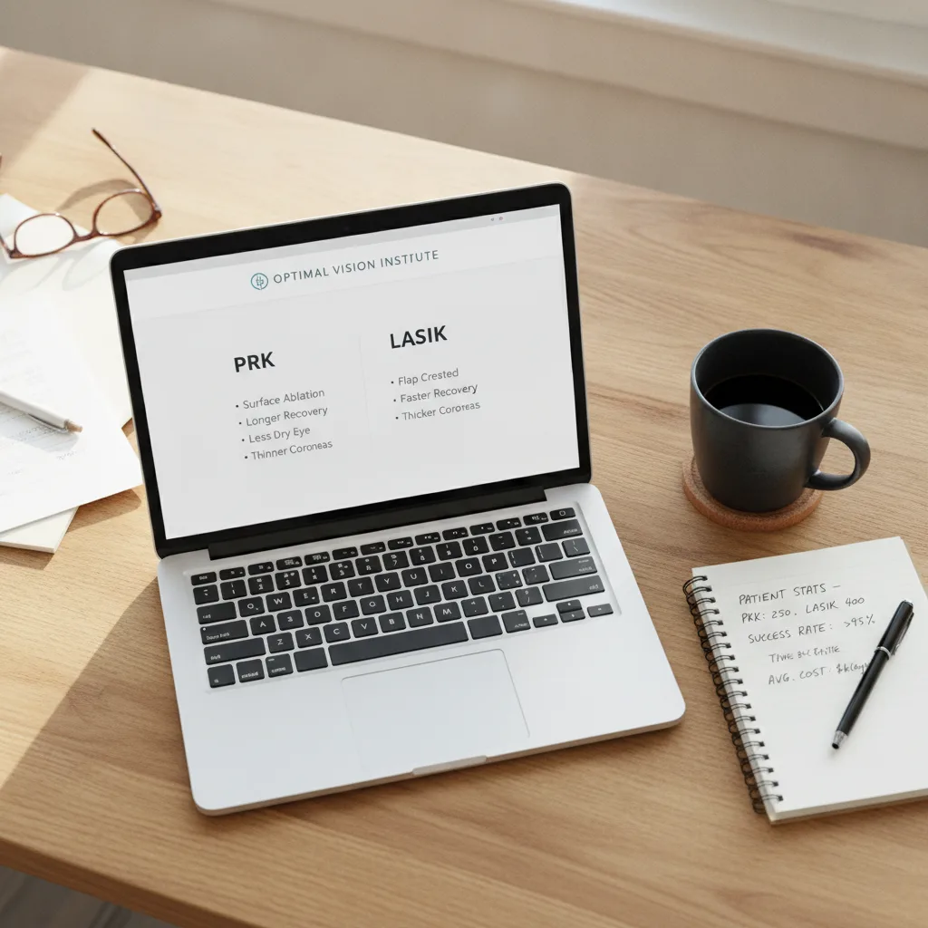 Overhead view of a laptop displaying a PRK vs. LASIK comparison, with coffee and notes on a wooden desk.
