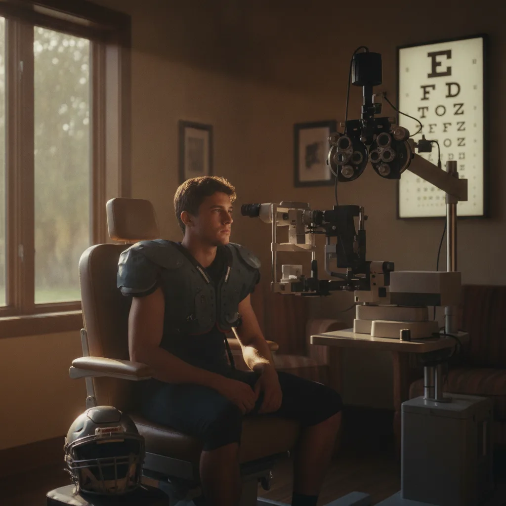 A young football player in shoulder pads sits in an ophthalmologist's chair, attentively looking at an eye chart.