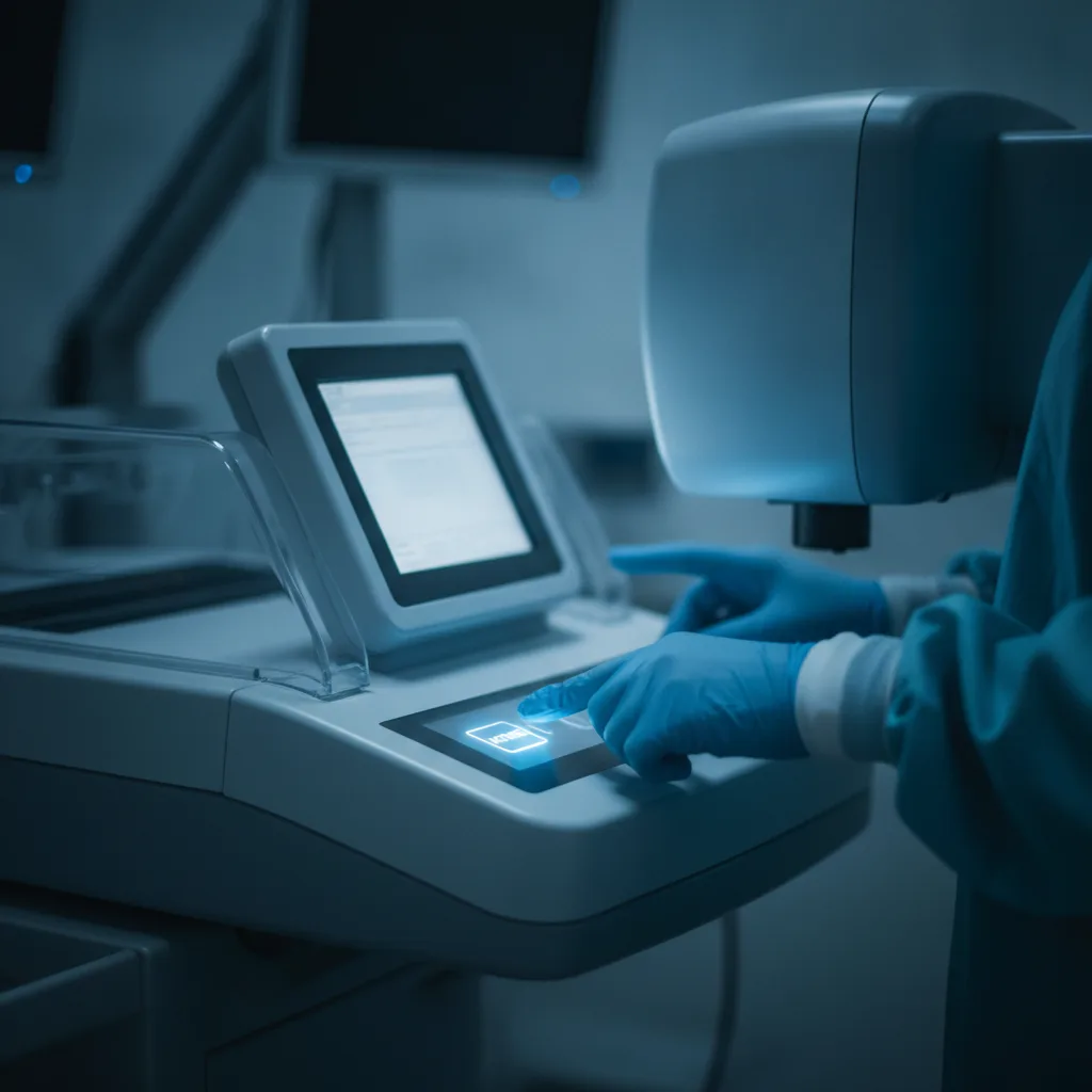 A surgeon's gloved hands operate a modern LASIK laser system console with a soft blue glow.