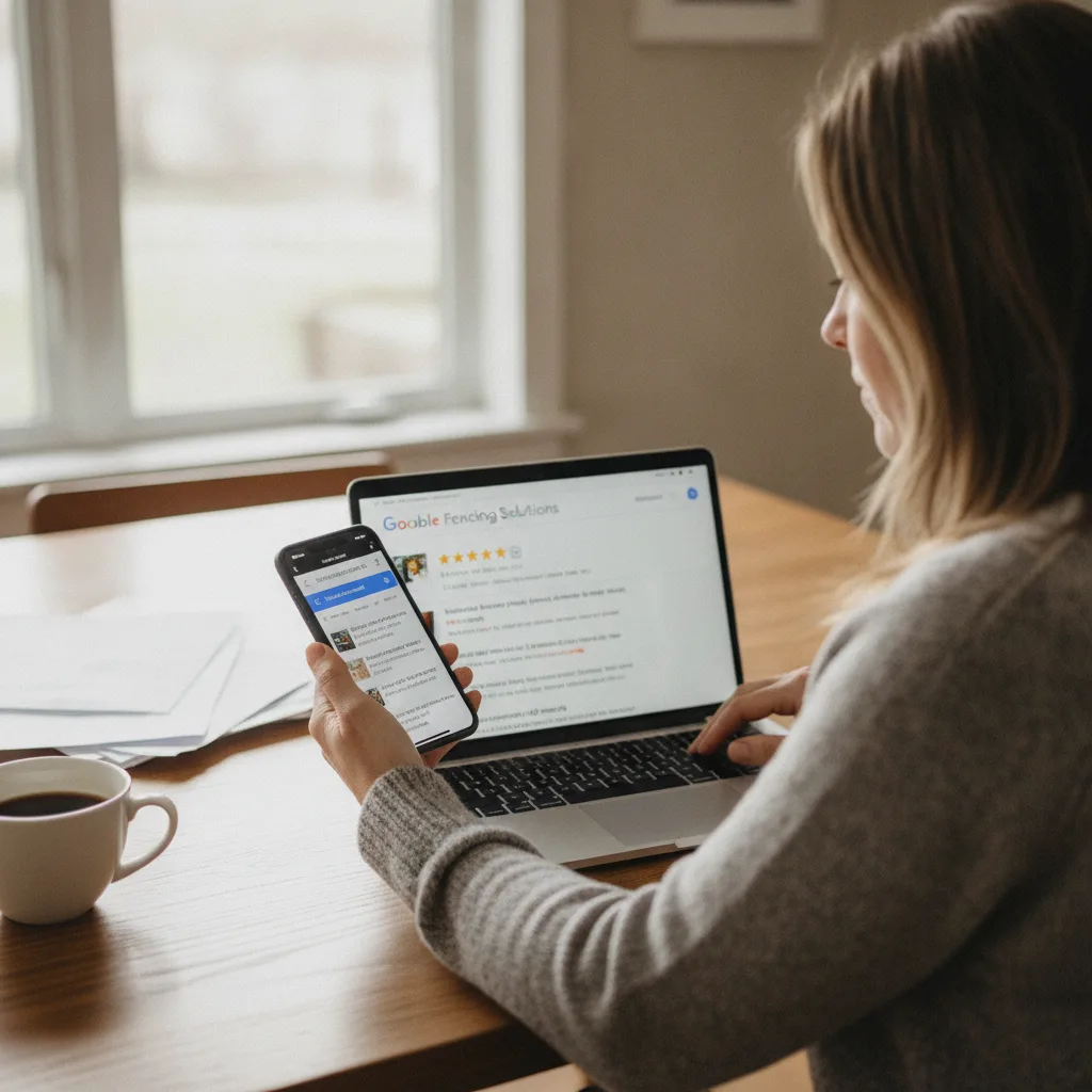 Homeowner searching on a smartphone for fence contractors, laptop open with five-star reviews on a kitchen table.