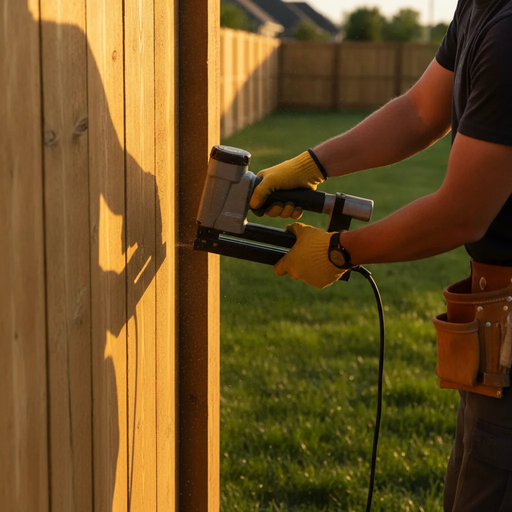 A professional fence installer stapling a wood privacy fence panel to a post at golden hour.