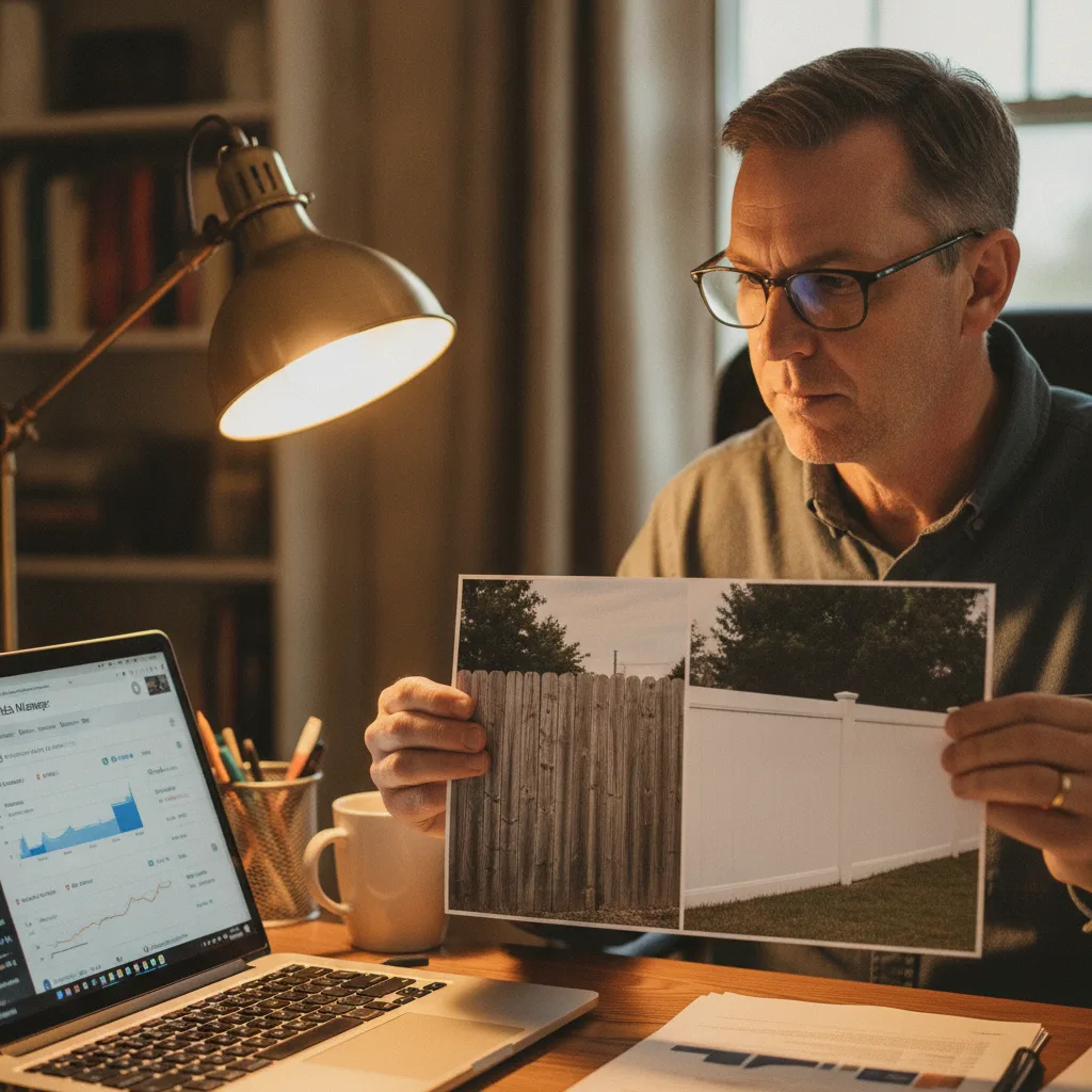Fence company owner reviewing a before-and-after photo of a vinyl fence installation and Meta Ads dashboard.