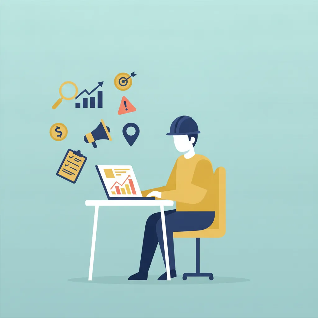 A foundation repair contractor in a hard hat sits at a desk, reviewing marketing analytics on a laptop, surrounded by icons.