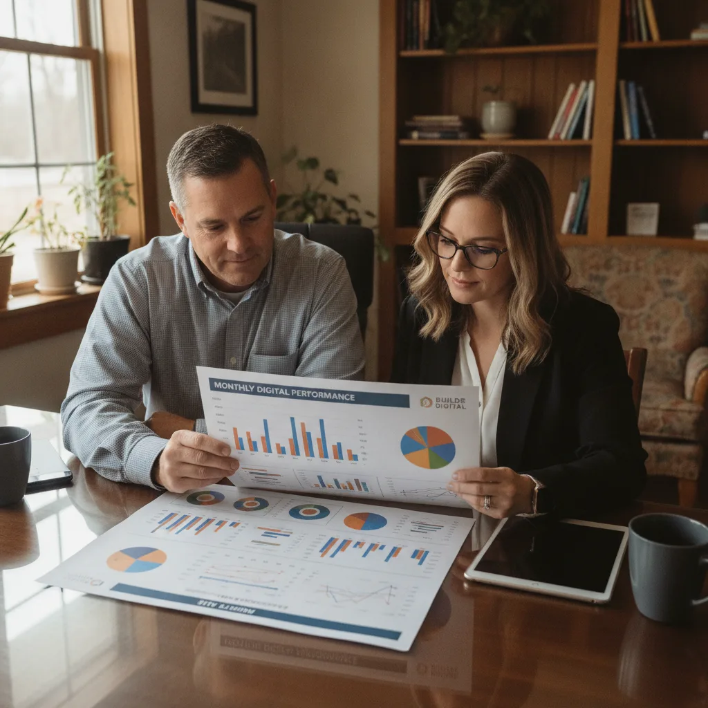 Business owner and account manager review a monthly digital marketing performance report with charts in a warm office.