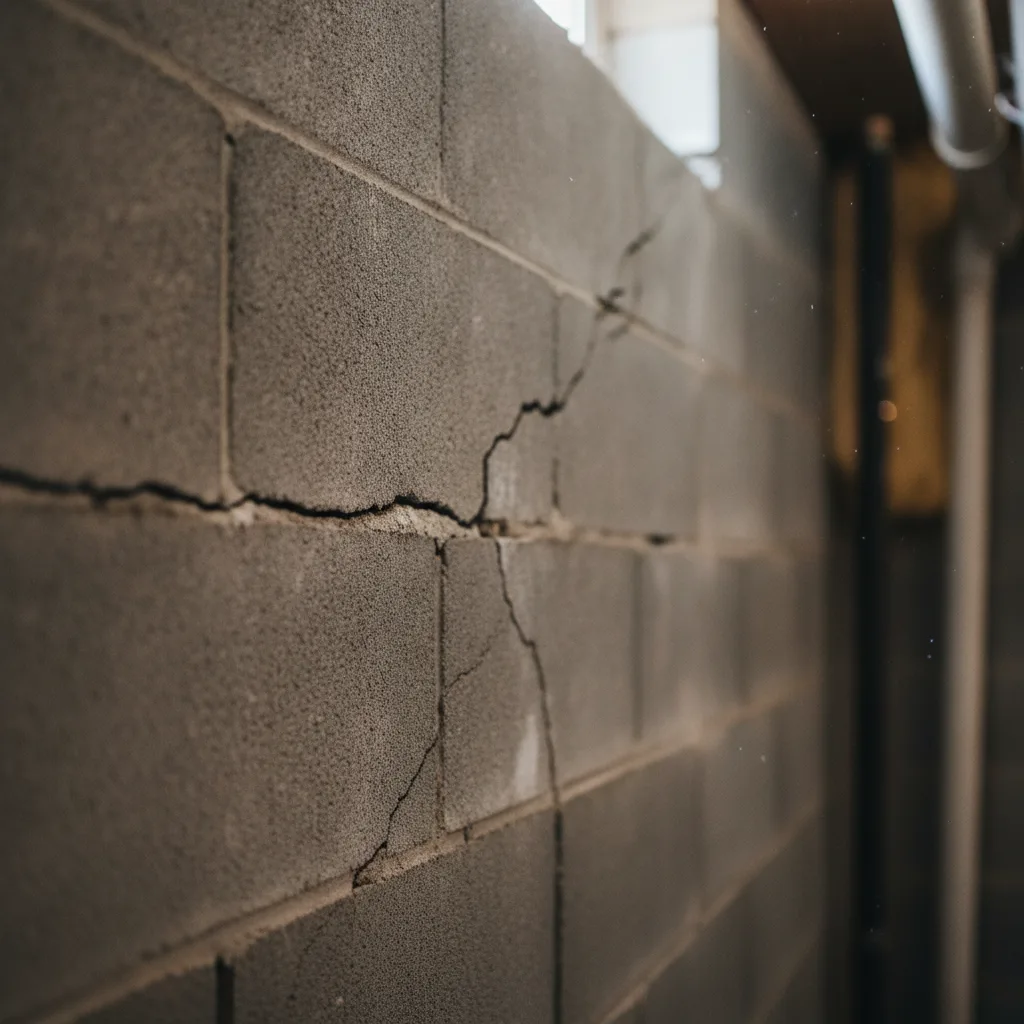 Close-up of a cracked concrete block foundation wall in a residential basement, with soft natural light.