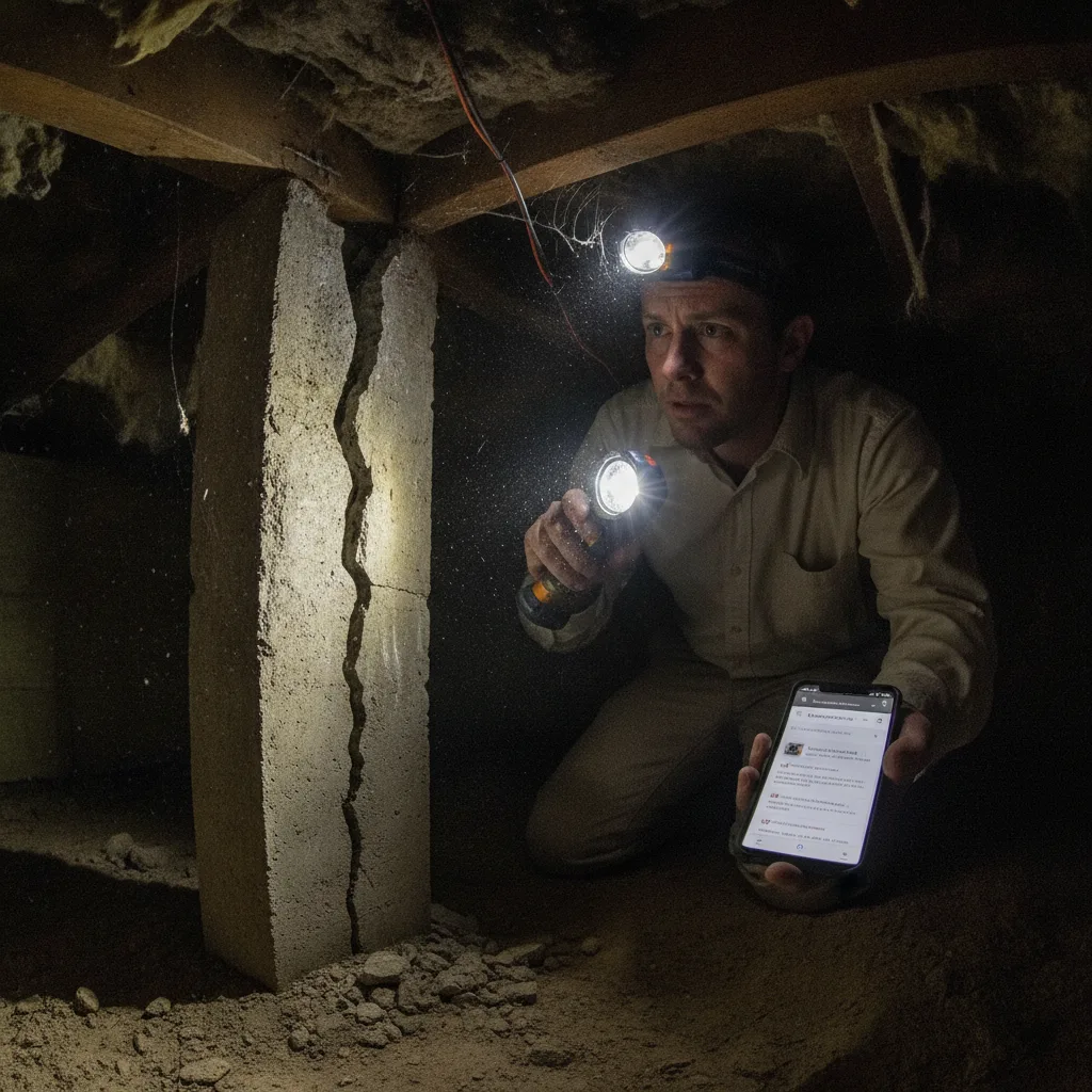 Homeowner in a dark crawl space shines a flashlight on a cracked concrete pier while searching "foundation repair near me" on his phone.