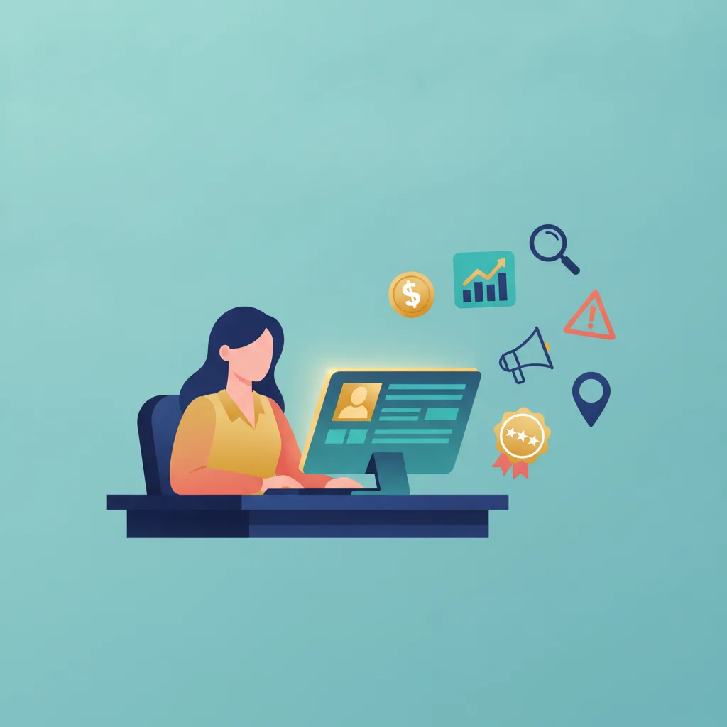 Vector illustration of a medical weight loss clinic owner reviewing a marketing budget on a computer, with floating icons.