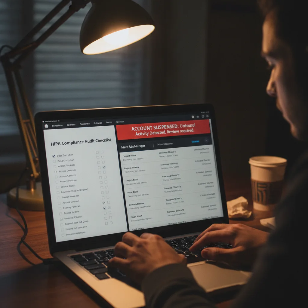 A person looking intently at a laptop screen displaying a HIPAA compliance audit checklist and a Meta Ads account suspension.