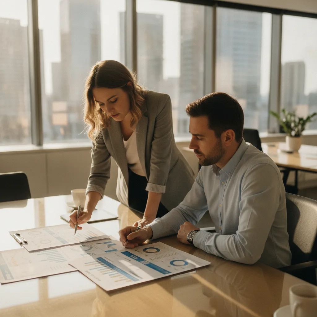 Two professionals, a marketing agent and clinic owner, review performance reports at a conference table with city views.