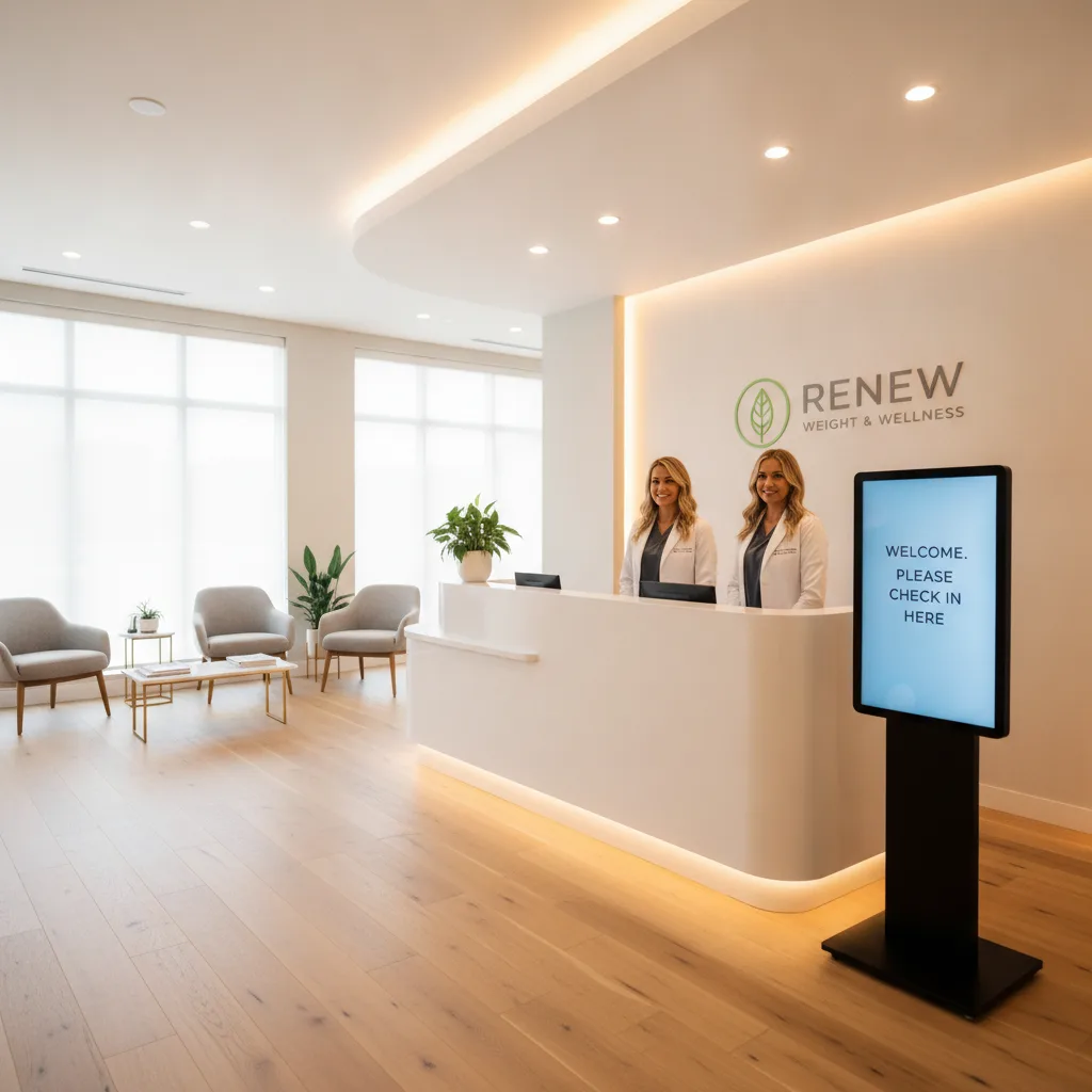 A modern medical weight loss clinic reception area with a front desk, digital check-in screen, and subtle branding.