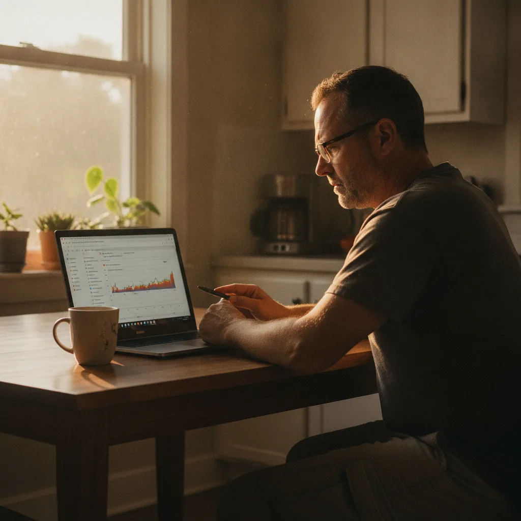 A restoration business owner reviews Google Search Console on a laptop at a kitchen table with morning light.