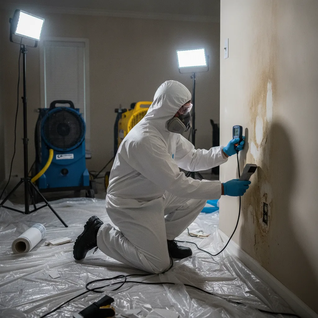 A technician in IICRC gear uses a moisture meter on water-damaged drywall with dehumidifiers and bright lighting.