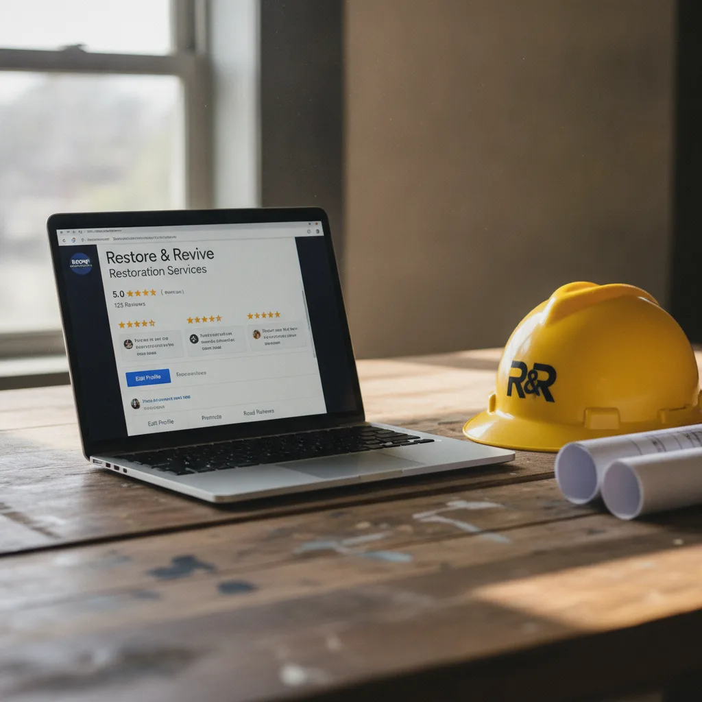 Laptop showing Google Business Profile dashboard with 5-star reviews for a restoration company on a contractor's desk.