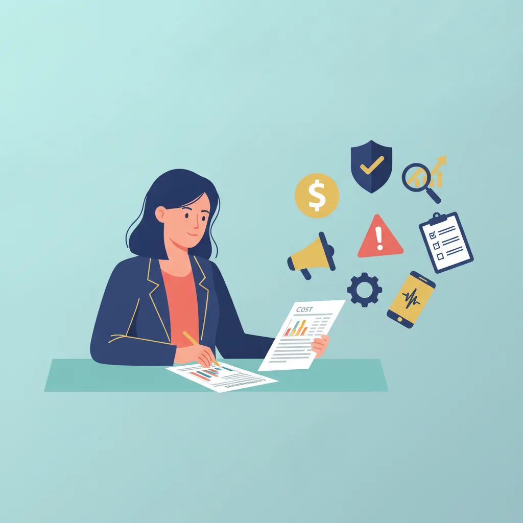 A plastic surgery practice owner reviews cost sheets, with icons representing finance, security, SEO, advertising, alerts, settings, and tracking.