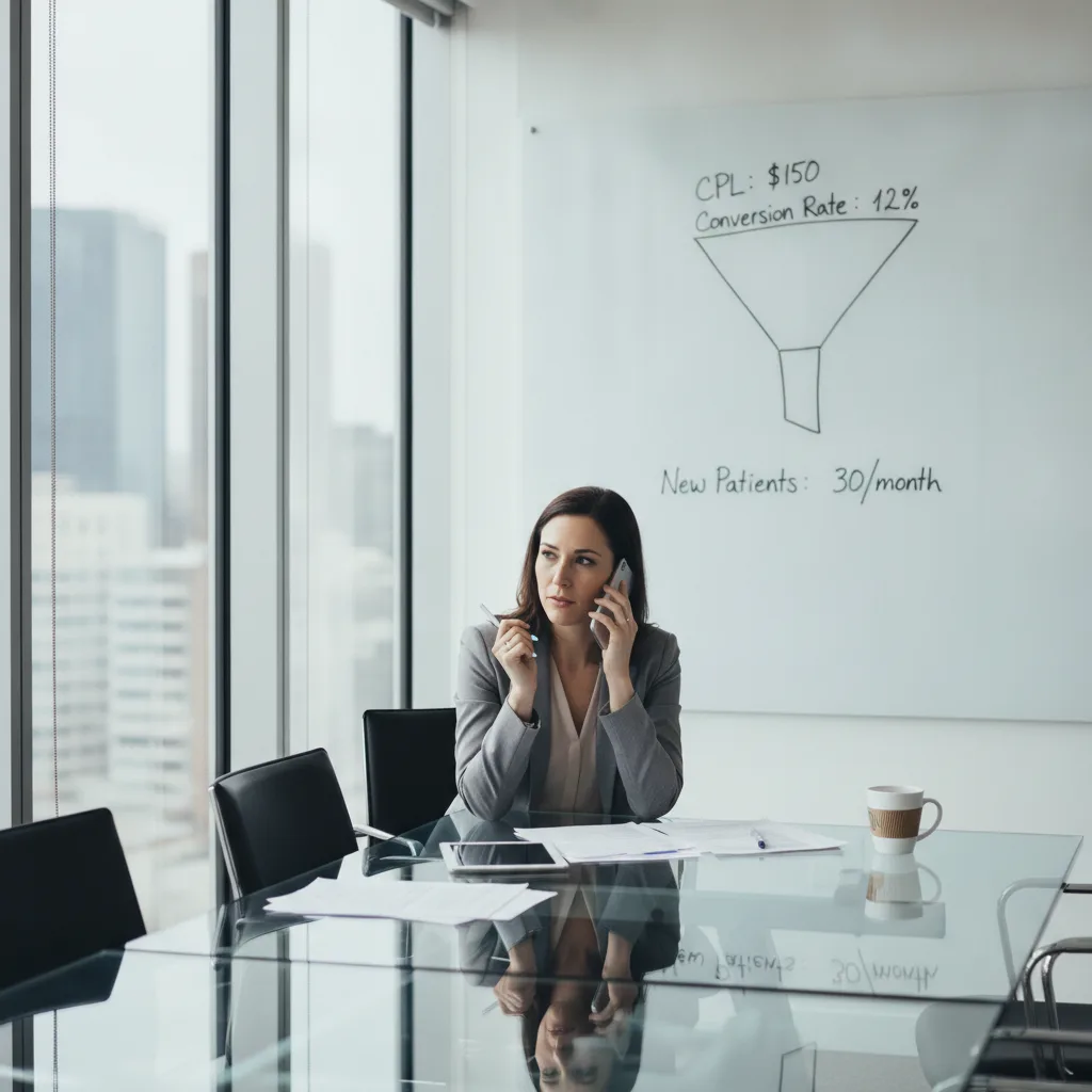 A plastic surgery practice administrator on a phone call at a glass-walled conference table.