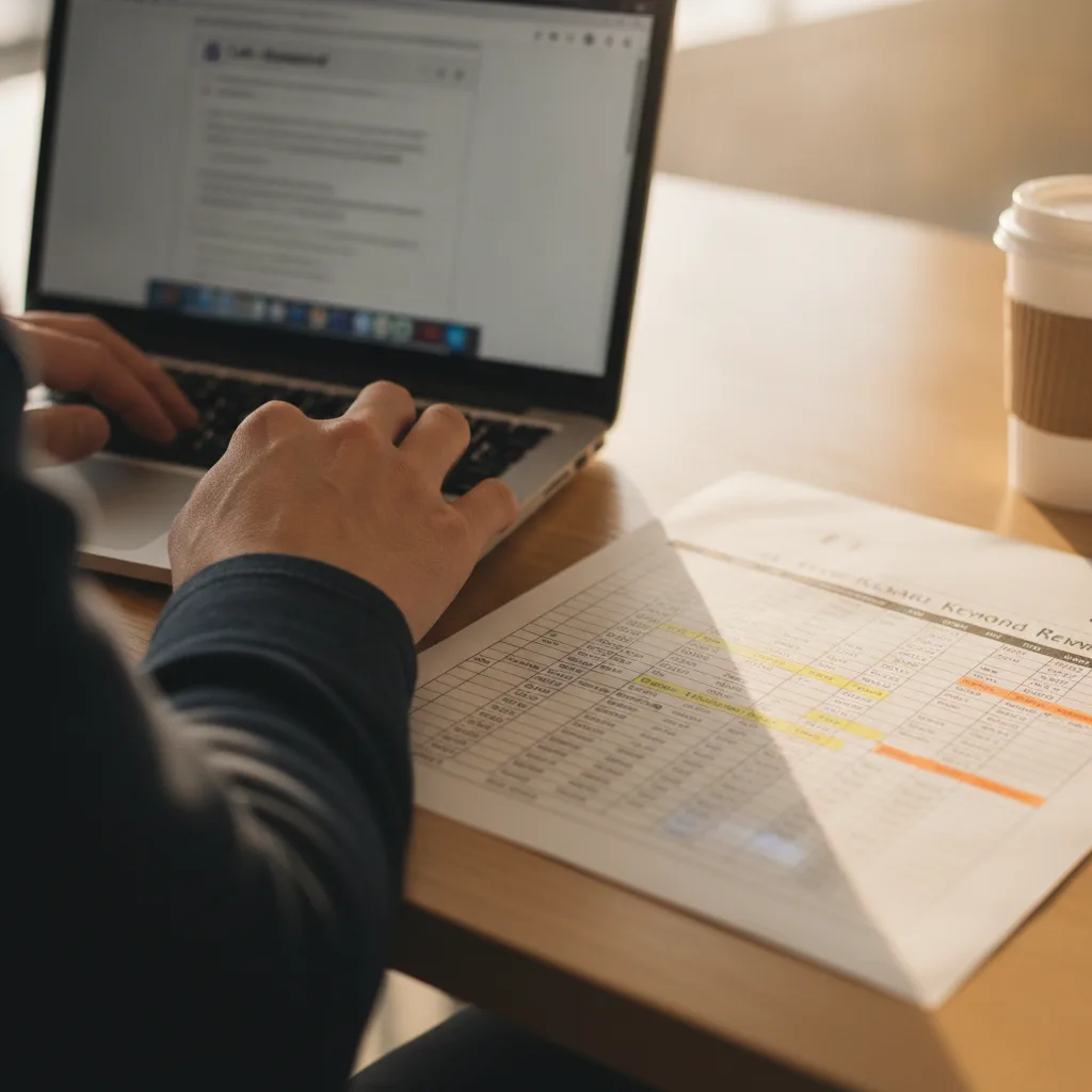 Marketing professional typing on a laptop with a keyword research spreadsheet and CallRail tab in the background.