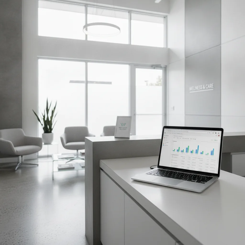 Wide-angle shot of a modern medical office reception desk with a laptop displaying a Google Ads dashboard.