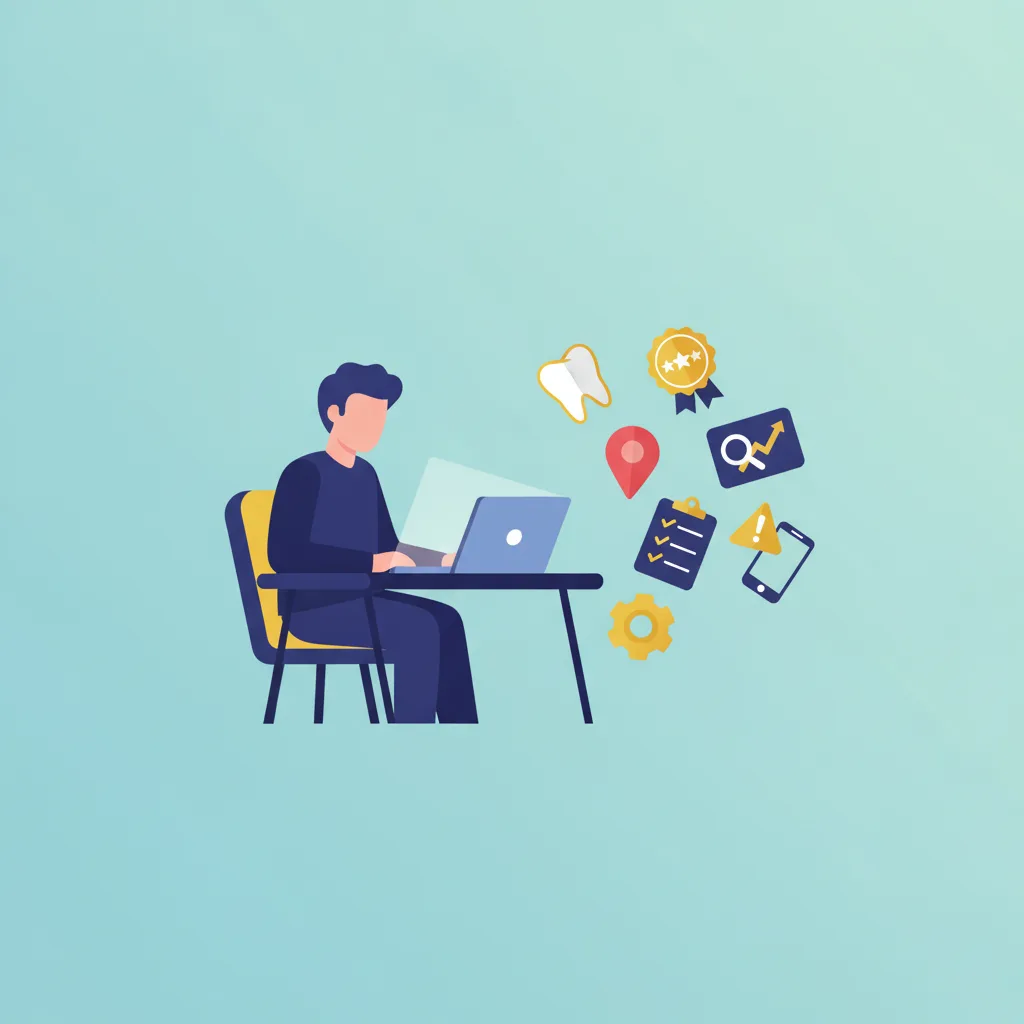 A flat vector illustration of a dental practice owner at a desk with a laptop, surrounded by marketing icons.