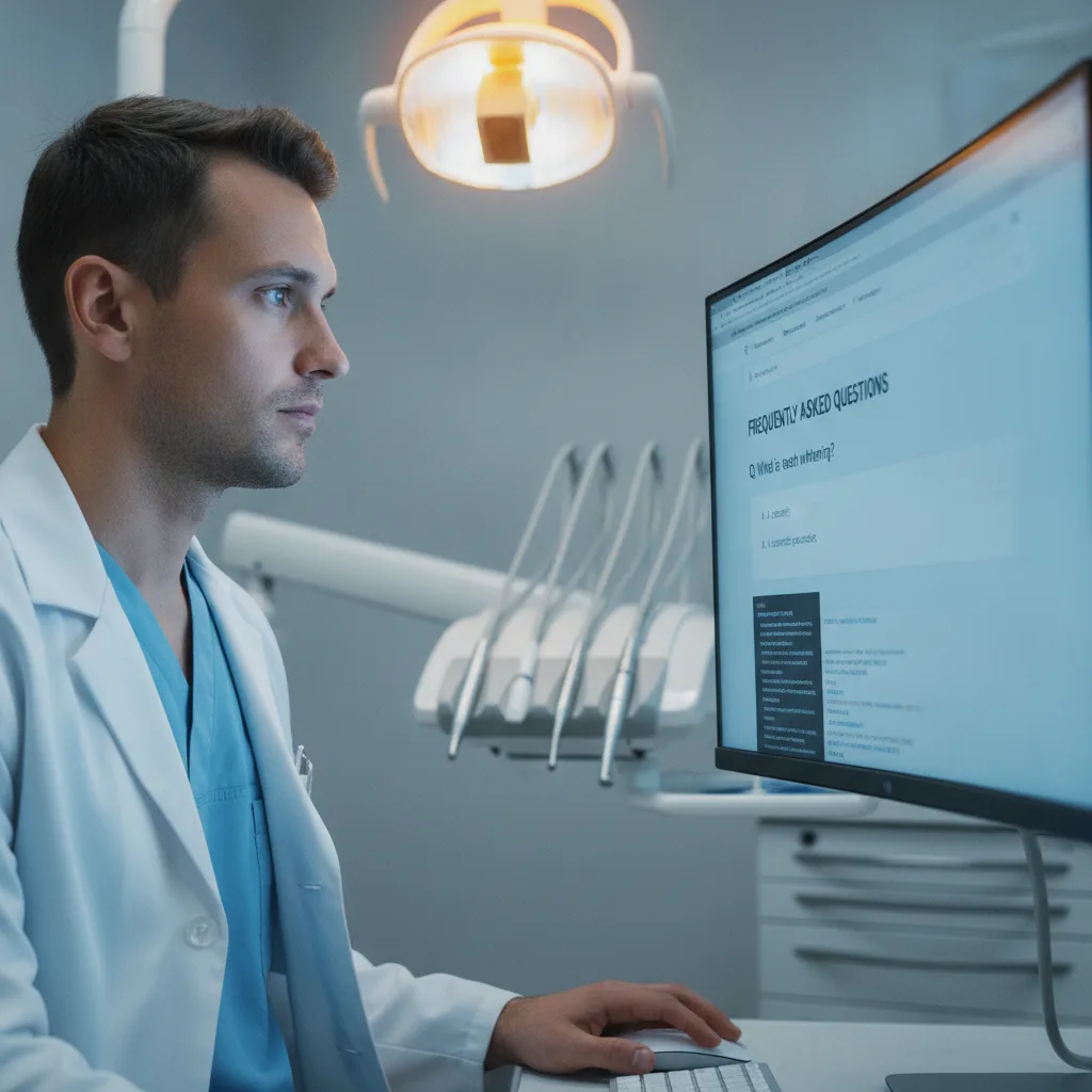 Dentist in scrubs and clinical coat reviewing FAQ content and schema markup on a computer in a treatment room.