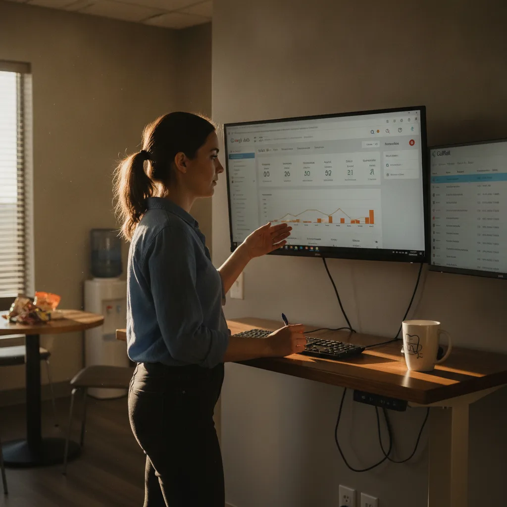 Marketing coordinator at standing desk, reviewing Google Ads and CallRail dashboards in a dental office breakroom.