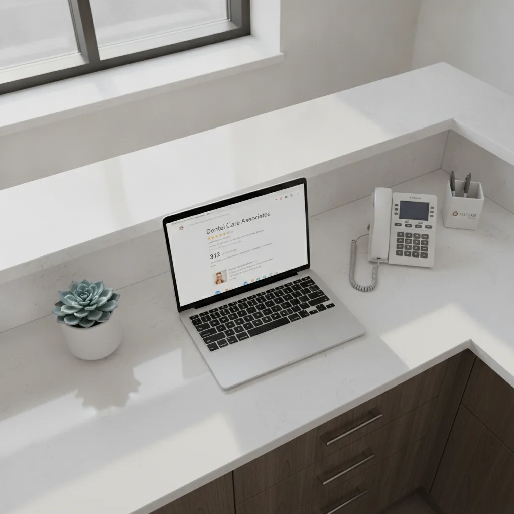 Overhead shot of a modern dental office reception desk with a laptop displaying a Google Business Profile dashboard.