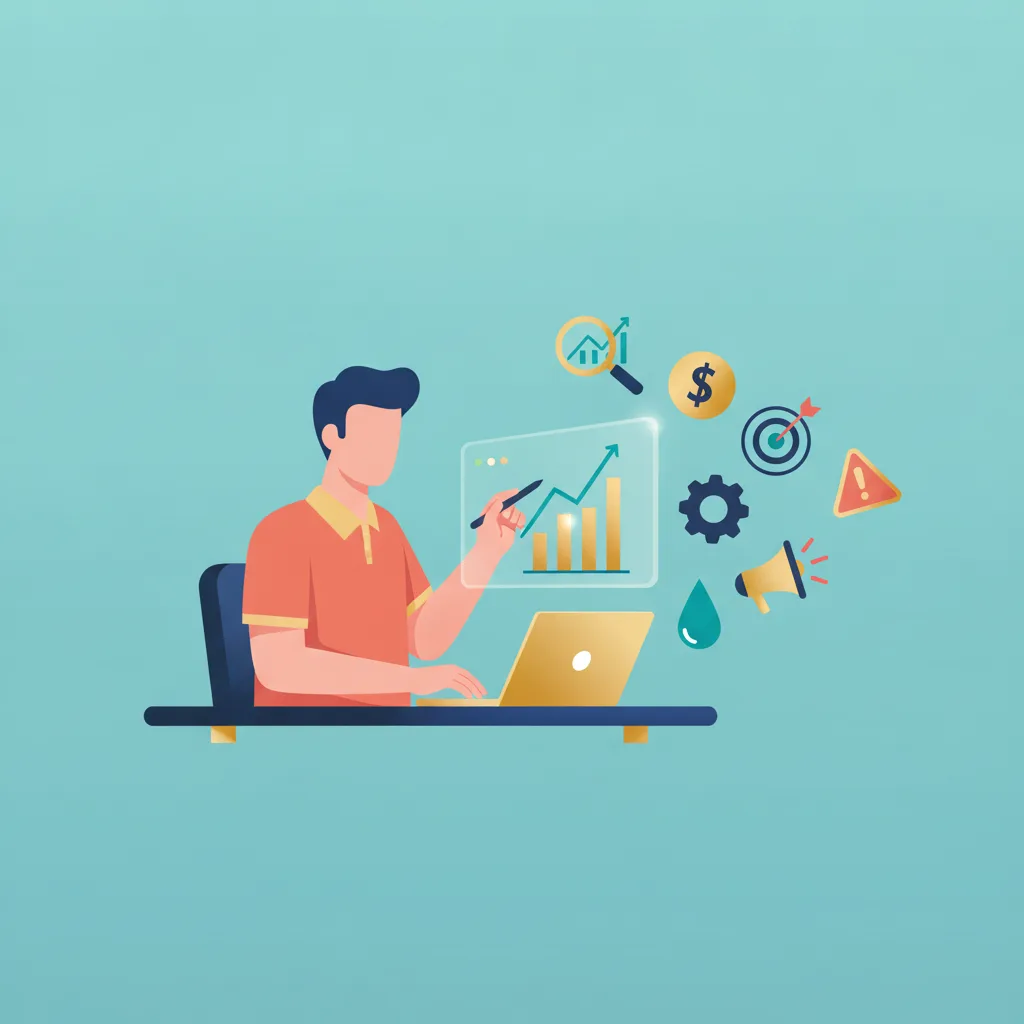 A focused plumber-business-owner at a desk reviewing a glowing analytics dashboard, surrounded by floating business icons.