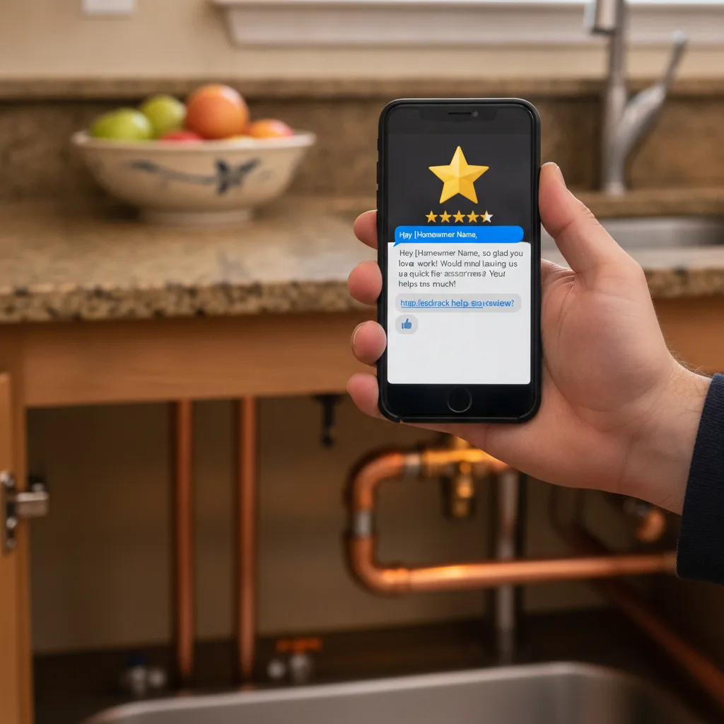 Hand holding a smartphone displaying a five-star Google review request, with a kitchen counter and copper pipes visible.