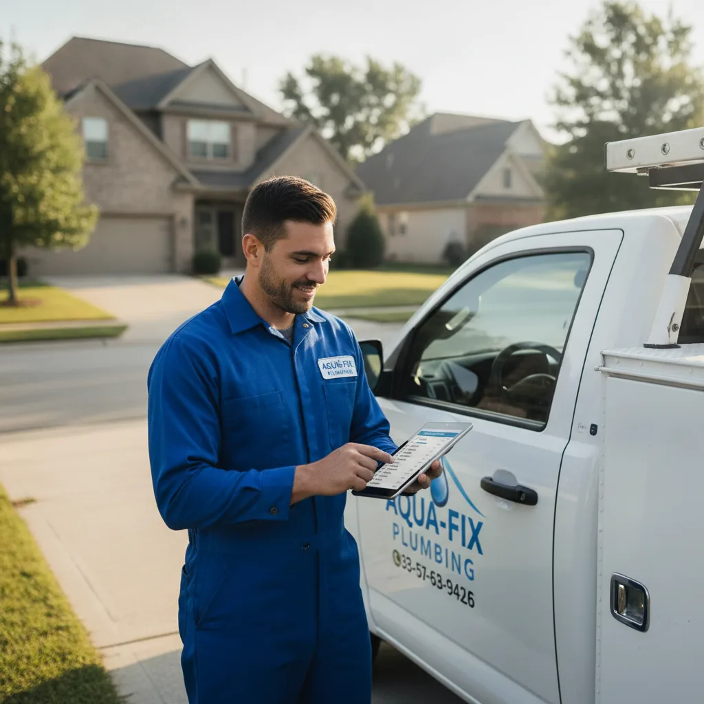 Plumbing contractor in blue uniform checking a tablet beside a branded work truck in a suburban driveway on a sunny morning.
