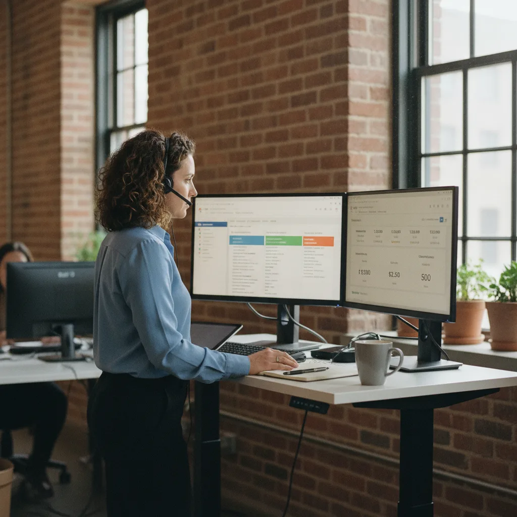 A plumbing office dispatcher stands at a desk, wearing a headset, viewing a CRM and Google Ads dashboard on two monitors.