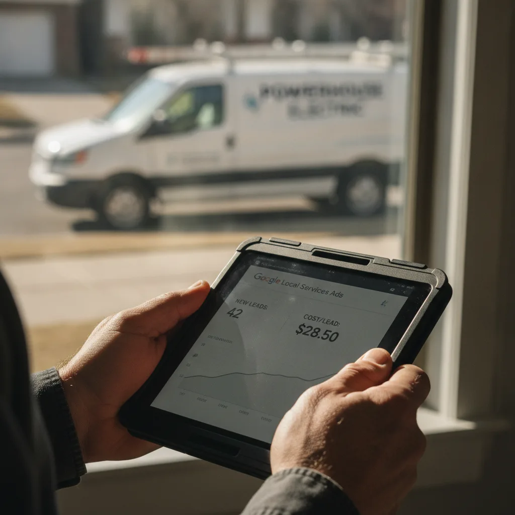 Electrician holding a tablet with Google Local Services Ads dashboard, service van visible outside.
