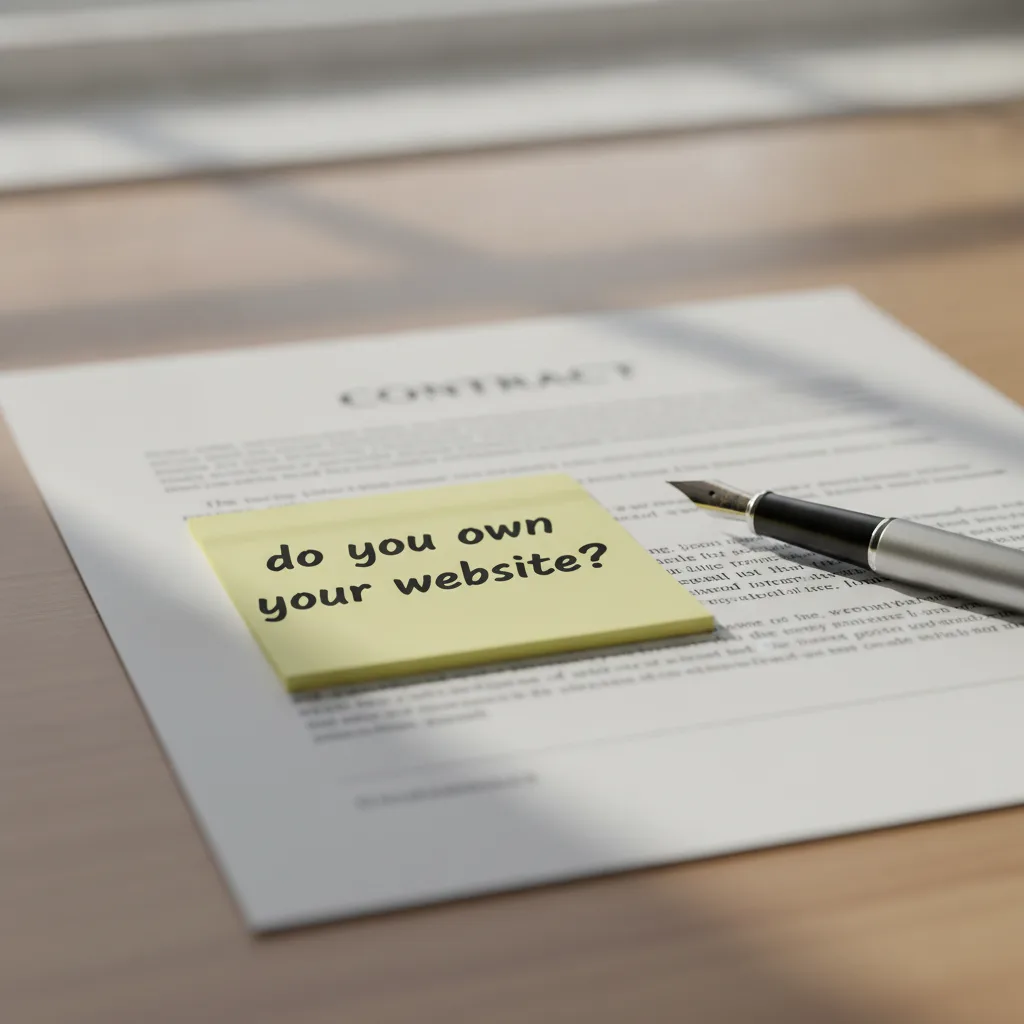A sticky note asking "do you own your website?" on a contract with a pen, shallow focus, cautionary mood.