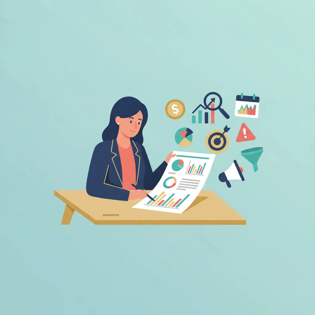 A woman reviews a marketing budget printout at a desk, surrounded by icons like a dollar sign, bar chart, and megaphone.