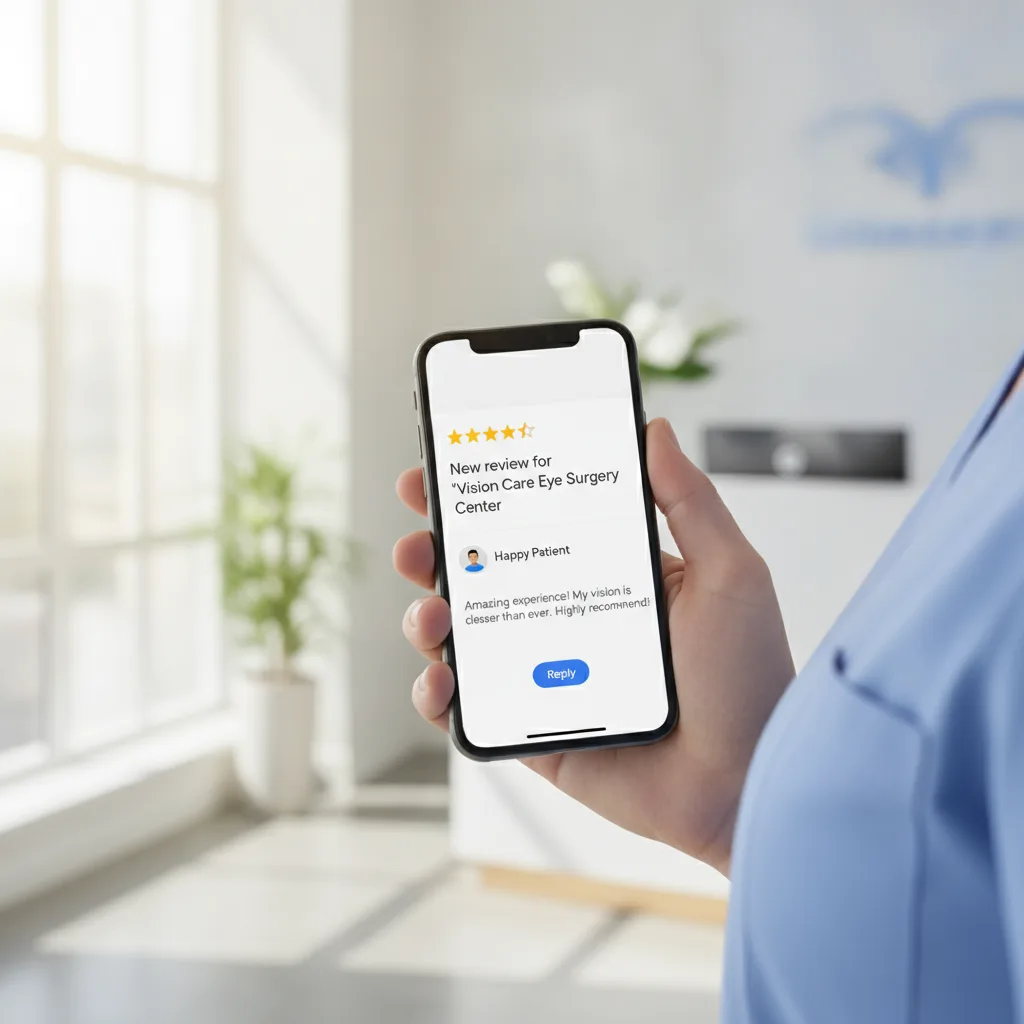 Hand in scrubs holding a smartphone with a 5-star Google review for "Vision Care Eye Surgery Center" on screen.