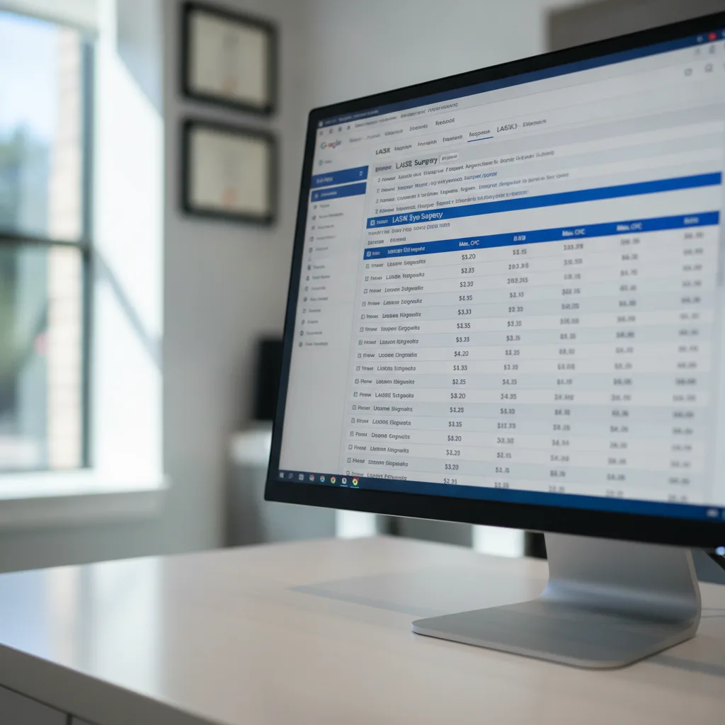 A close-up of a computer monitor displaying a Google Ads campaign dashboard with LASIK keyword bids.