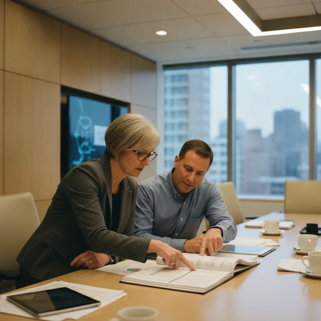 A marketing professional and a LASIK practice administrator review a printed agency proposal at a conference table.