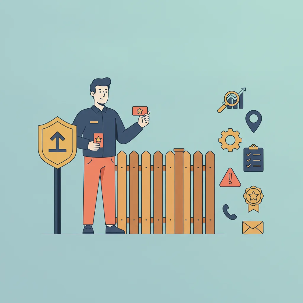 Flat vector illustration of a fence contractor holding a yard sign and referral card beside a fence, with marketing icons.