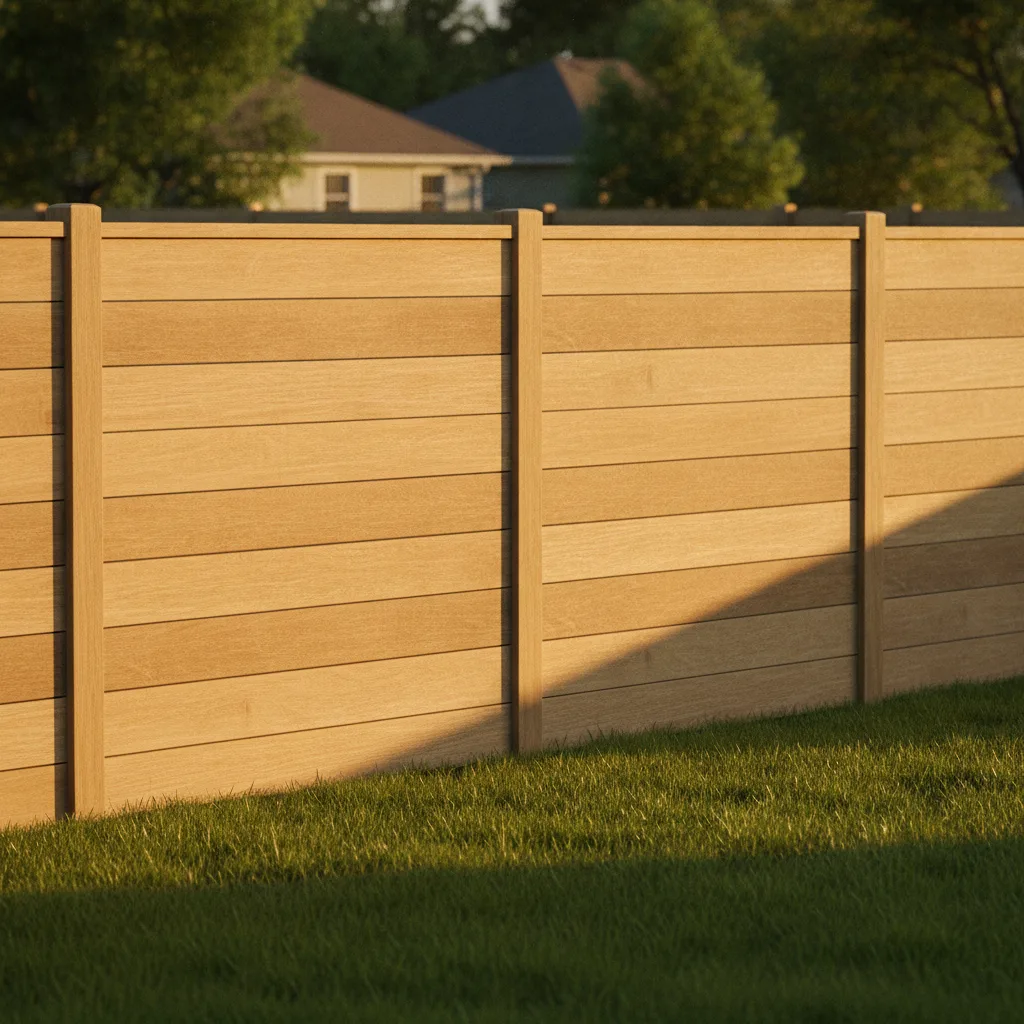Close-up of a new cedar wood privacy fence in a suburban backyard, late afternoon sun creating long shadows.