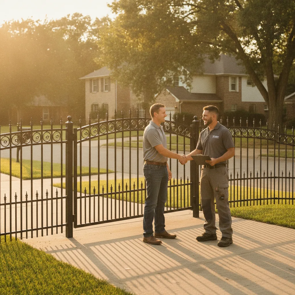 Homeowner and fence contractor shaking hands in a driveway next to a newly completed ornamental iron fence gate at golden hour.