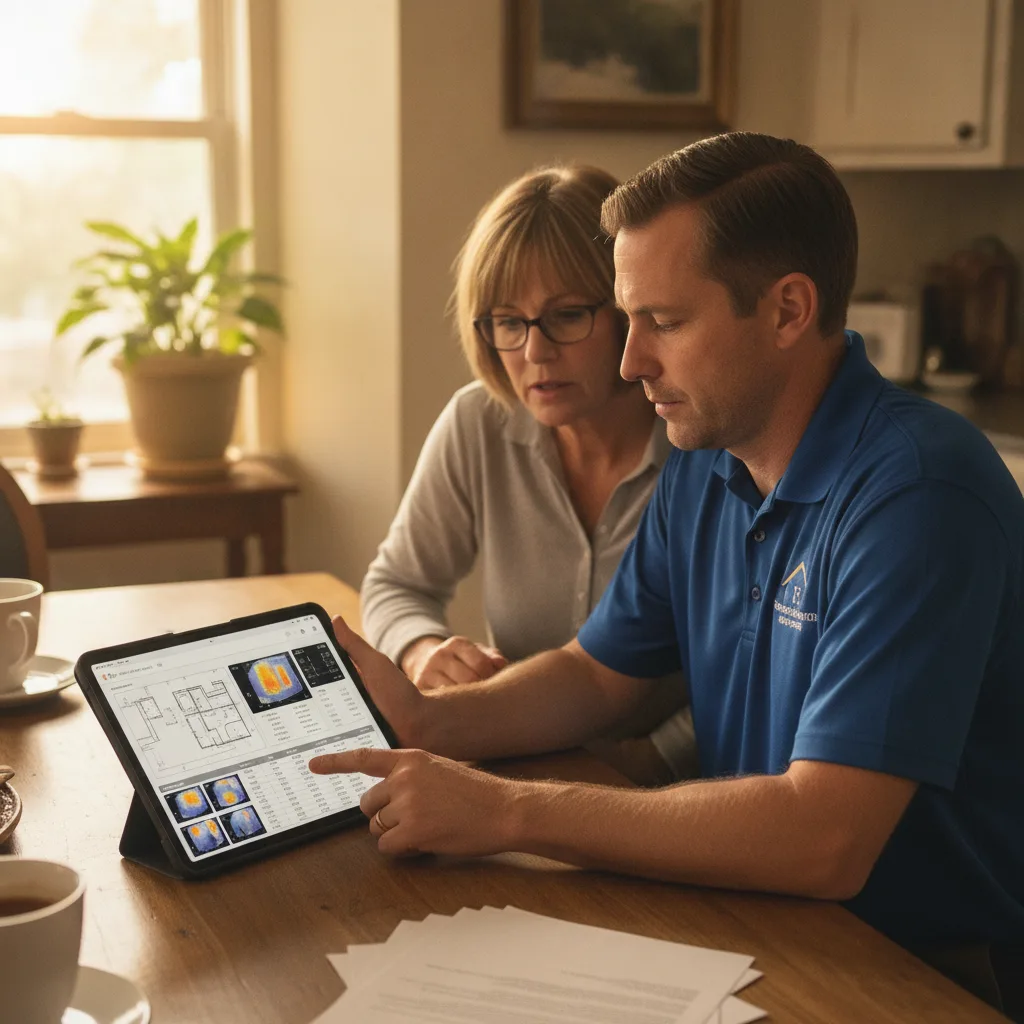 A foundation repair estimator in a polo shirt reviews tablet findings with a homeowner couple at a kitchen table.