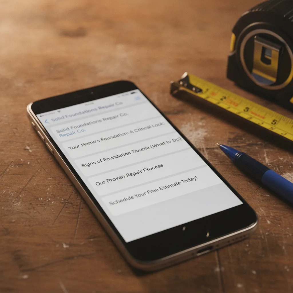 Smartphone showing foundation repair company emails, tape measure, and pen on a contractor's desk.
