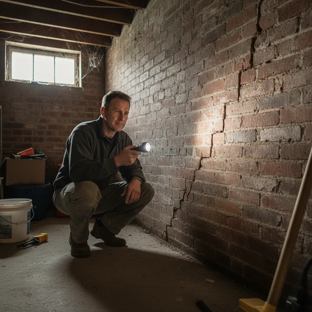 A homeowner crouches in a basement, examining a stair-step crack in a brick wall with a flashlight.