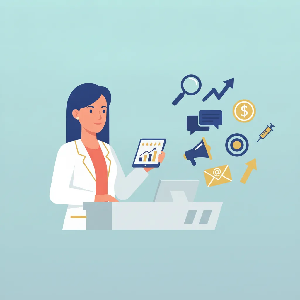 A confident physician in a white coat at a reception desk, holding a tablet with star ratings and a bar chart.