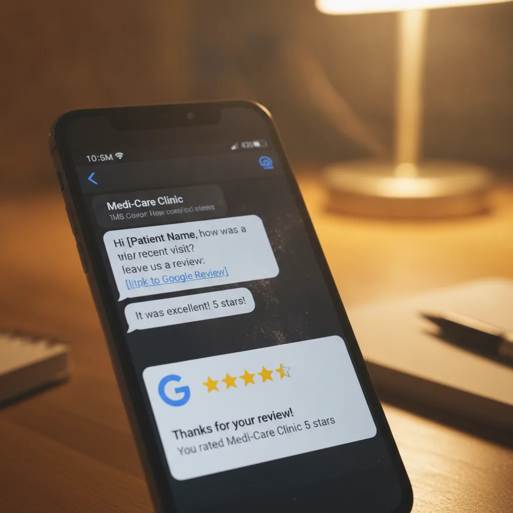 Close-up of a smartphone screen showing an SMS review request and a five-star Google review notification.
