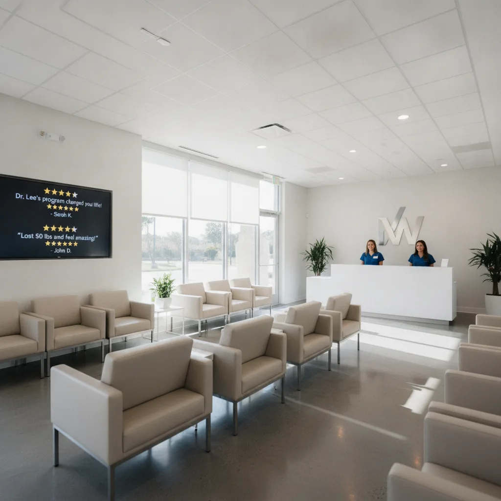 A bright, modern medical weight loss clinic waiting room with comfortable seating, a reception desk, and a review screen.
