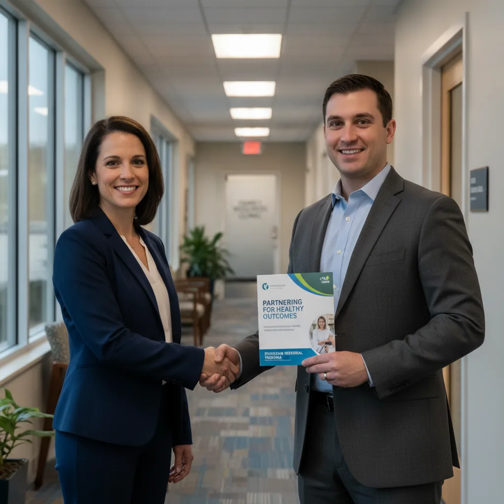 A smiling physician and a weight loss clinic coordinator shaking hands in a medical office hallway, holding a co-marketing brochure.