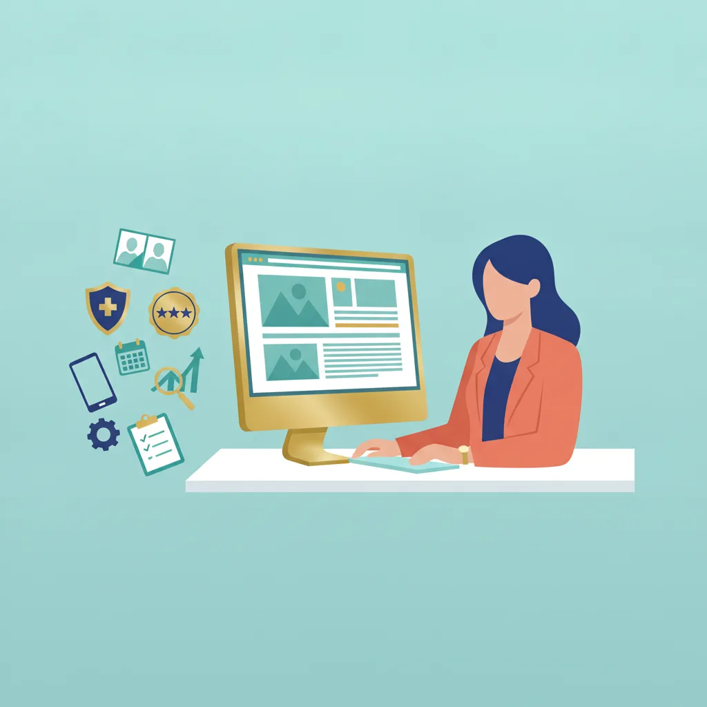 A plastic surgeon reviews a website on a monitor, surrounded by icons like before-and-after photos, a HIPAA shield, and a five-star badge.