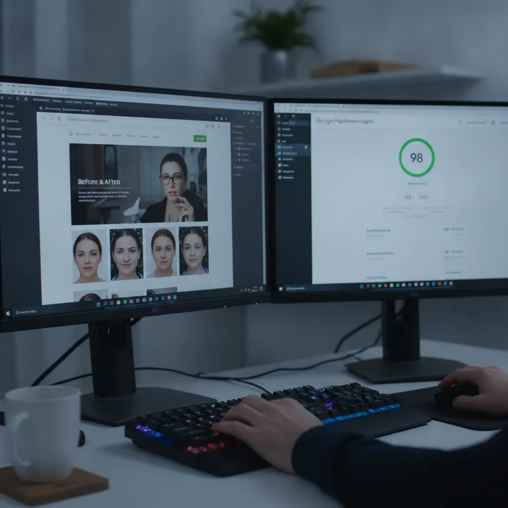 Close-up of a web developer's dual-monitor workstation, showing a plastic surgery website in Webflow and Google PageSpeed Insights.